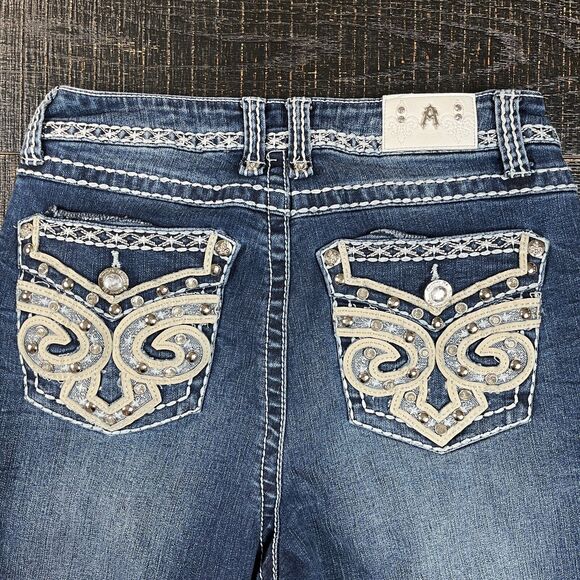 Answer Me Rhinestone Blue Wash Denim Bootcut Flared Jeans Pants Women's Size 11 - Picture 6 of 7